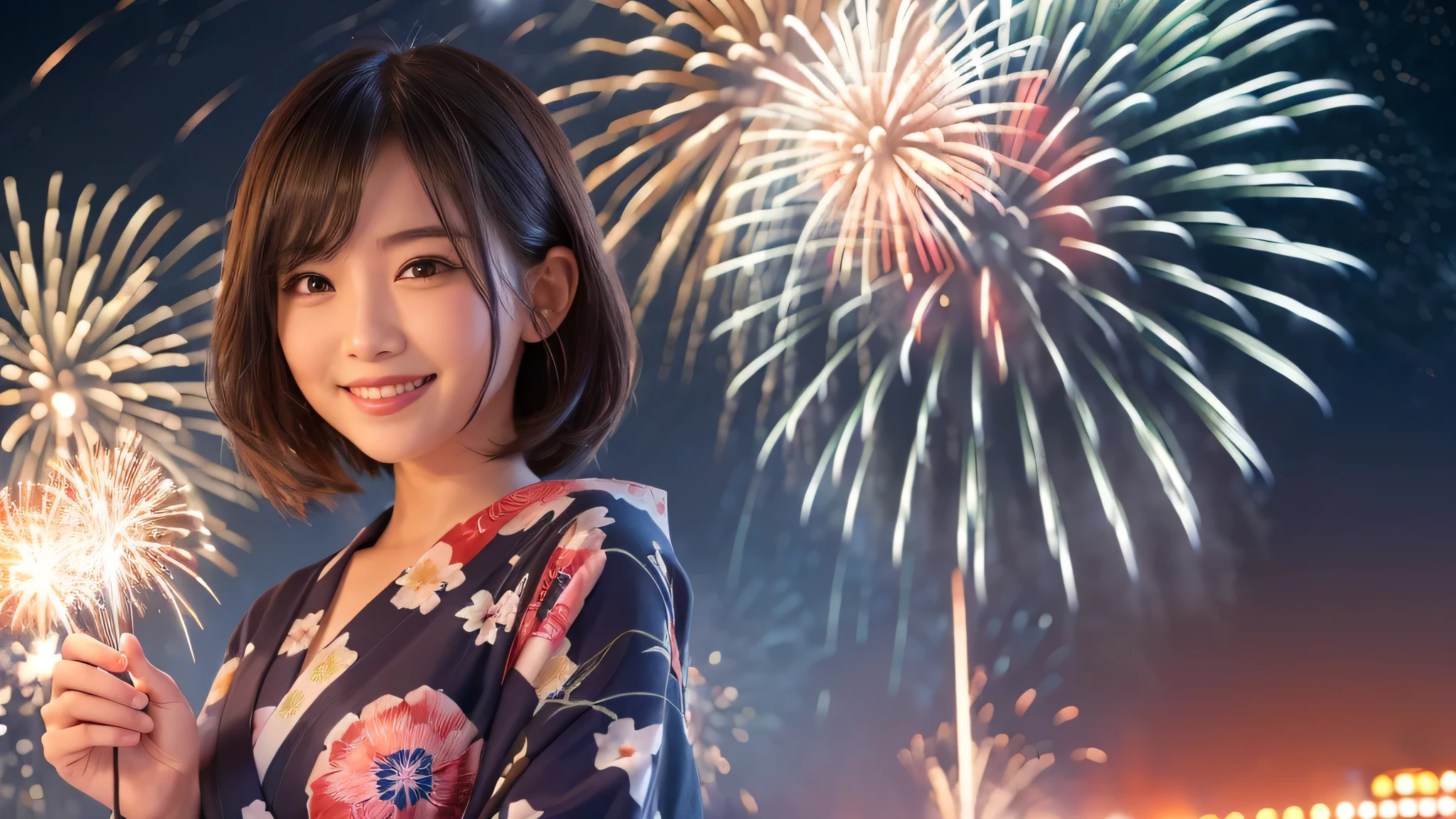 kawaii, (1woman), (happy smile:1.2), (yukata), (Best Quality:1.4), Realistic, extremely detailed CG unified 8k wallpaper, highly detailed, professional photography, Close up portrait of girl, Outdoors, Beautiful scenery, beach, (The night sky, fireworks, beautiful fireworks spreading across the sky:1.4), upper body photos, (Fine face:1.2), From the side