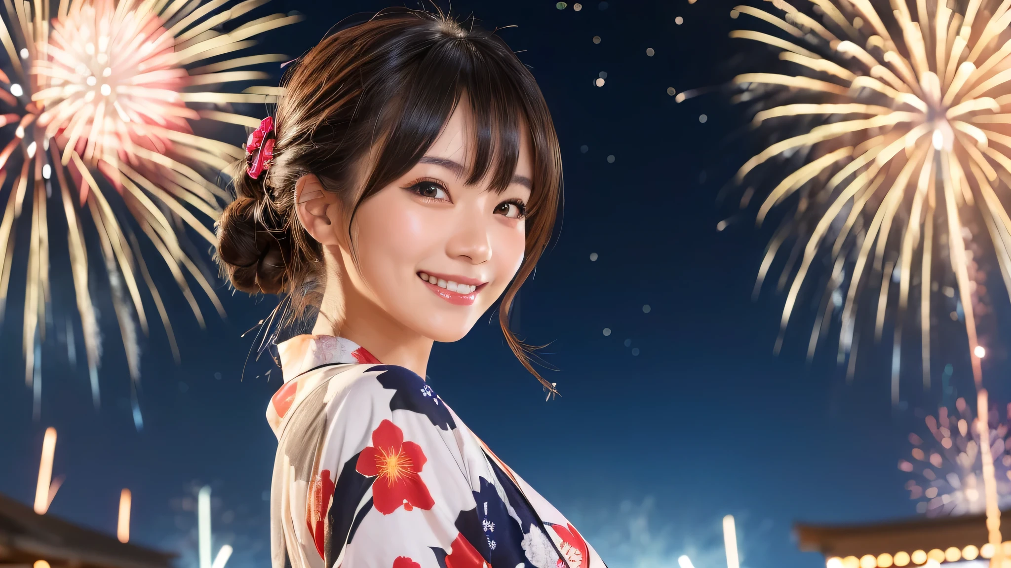 kawaii, (1woman), (happy smile:1.2), (yukata), (Best Quality:1.4), Realistic, extremely detailed CG unified 8k wallpaper, highly detailed, professional photography, Close up portrait of girl, Outdoors, Beautiful scenery, beach, (The night sky, fireworks, beautiful fireworks spreading across the sky:1.4), upper body photos, (Fine face:1.2), From the side