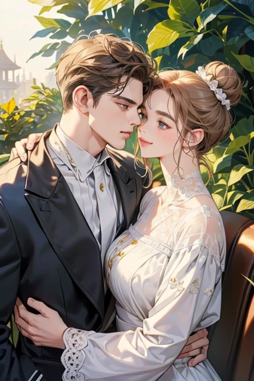 (table top, digital illustration, 4k, 8k, Super detailed, beautiful images, clear image, perfect face, perfect lines, perfect eyes, soft lighting) 1 female, (light brown hair,bun hair,innocent look,droopy eyebrows,droopy eyes、With a round face,round chin、innocence,cute,Big eyes,natural makeup,smile gently,E cup,23 years old:1.3),Two handsome men in suits, (human,man in suit,muscular,solid shoulder width, boyish hairstyle,A man in his 30s with a cool expression,28 year old man with a bright smile:1.2),garden full of light、lots of flowers、Squirting、colorful flower light,(embarrassing,shy smile:1.2),resort sofa,kiss、Couple kiss、romance porn、couple of man and woman looking at each other、In battle、Afternoon tea、lunch