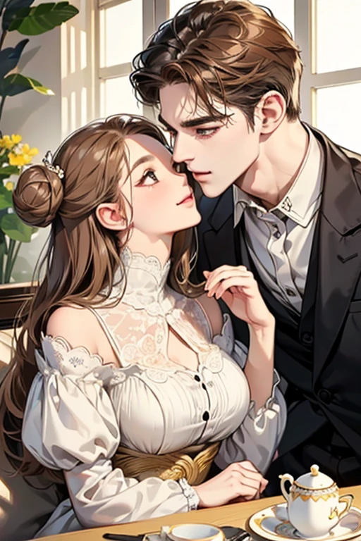 (table top, digital illustration, 4k, 8k, Super detailed, beautiful images, clear image, perfect face, perfect lines, perfect eyes, soft lighting) 1 female, (light brown hair,bun hair,innocent look,droopy eyebrows,droopy eyes、With a round face,round chin、innocence,cute,Big eyes,natural makeup,smile gently,E cup,23 years old:1.3),Two handsome men in suits, (human,man in suit,muscular,solid shoulder width, boyish hairstyle,A man in his 30s with a cool expression,28 year old man with a bright smile:1.2),garden full of light、lots of flowers、Squirting、colorful flower light,(embarrassing,shy smile:1.2),resort sofa,kiss、Couple kiss、romance porn、couple of man and woman looking at each other、In battle、Afternoon tea、lunch