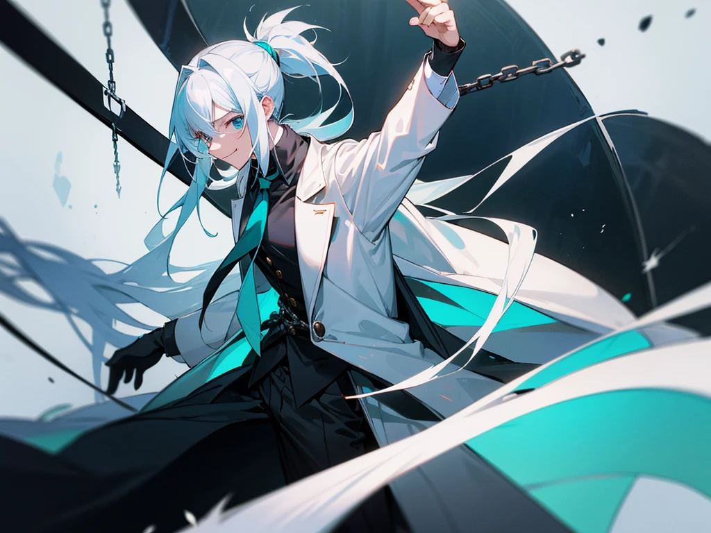 1 man with long white hair and hair tied back wearing a black overcoat covering his white shirt with a cyan tie and black dress pants with pockets and chains while wearing a white scarf with a tall white background with a smile and a time clock showing 12 hours and 28 black and white Roman minutes and casting magic in the form of a cyan time clock with his hair looking like Meliodas