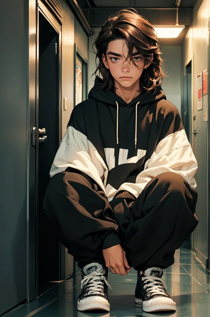 Young man, medium-length brown hair, shoulder-length hair, hazel eyes, freckles, slightly muscular, dark hoodie, blue ripped jeans, converse shoes, sad, alone in corridor apartment, nightlight, cell phone, detailed face, looks at lens, looks at us.