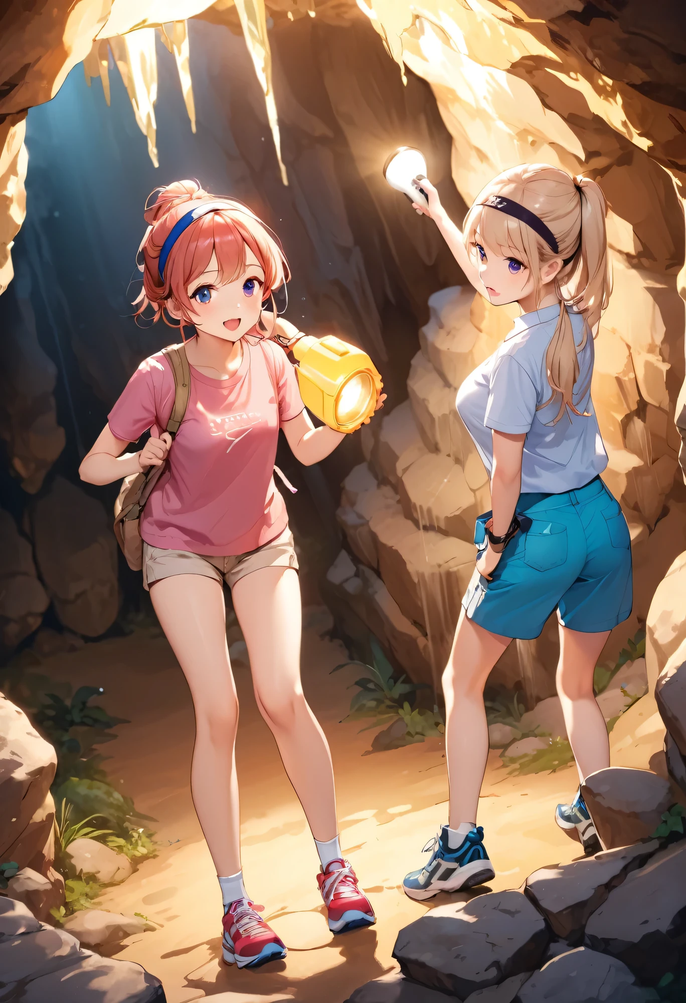 Highest quality、High resolution、Detailed Background、Beautiful face in every detail、Detailed facial expressions、Detailed eyes、Teenage beauty、Huge breasts、Light color hair、Bobcut、ponytail、Perfect body line、Enjoy in nature、Hot days of summer vacation、Visiting a limestone cave、Mysterious atmosphere of the cave、(Two beautiful girls having fun in a limestone cave:1.5)、
Inside the cave, it is cool, and the stalactites illuminated by the light of a flashlight create a mysterious atmosphere.、
They run around happily and proceed deeper into the cave.、He looks up at the stalactites on the ceiling with a puzzled expression.、I cross the stream and enjoy the feel of the cave walls with my hands.、It gradually gets darker inside the cave.、Carrying a flashlight, I continue to explore deeper and deeper.、
We recommend a light jacket such as a T-shirt or polo shirt.、For bottoms, we recommend shorts or half pants.、Sneakers or trekking shoes are best、A headband that makes it easy to tie your hair up and a flashlight are useful.、Light outdoor fashion style、cute