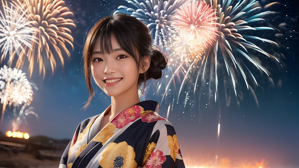 kawaii, (1woman), (happy smile:1.2), (yukata), (Best Quality:1.4), Realistic, extremely detailed CG unified 8k wallpaper, highly detailed, professional photography, Close up portrait of girl, Outdoors, Beautiful scenery, beach, (The night sky, fireworks, beautiful fireworks spreading across the sky:1.4), upper body photos, (Fine face:1.2), From the side