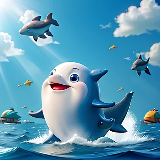 happy whale in the sea with fish and dolphins