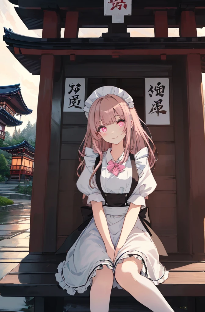 [(japanese temple background:1.4)::5],original,(illustration:1.1),(best quality),(masterpiece:1.1),(extremely detailed CG unity 8k wallpaper:1.1), (colorful:0.9),(mid shot:0.95),(highly detailed beautiful face and eyes),(solo:1.2), (girl),(((adult))), (detailed beautiful eyes:1.15), (beautiful face:1.15), (glowing pink eyes:1.25////),(brown long hair),(blunt bangs),(+perfect hand+:1.21),(Draw an illustration of maid girl),(Religious),(slender),(wearing maid clothes),white skin,(white and black maid clothes),laugh,smile,((((adult)))),((have a seat)),sitting,japanese temple,
