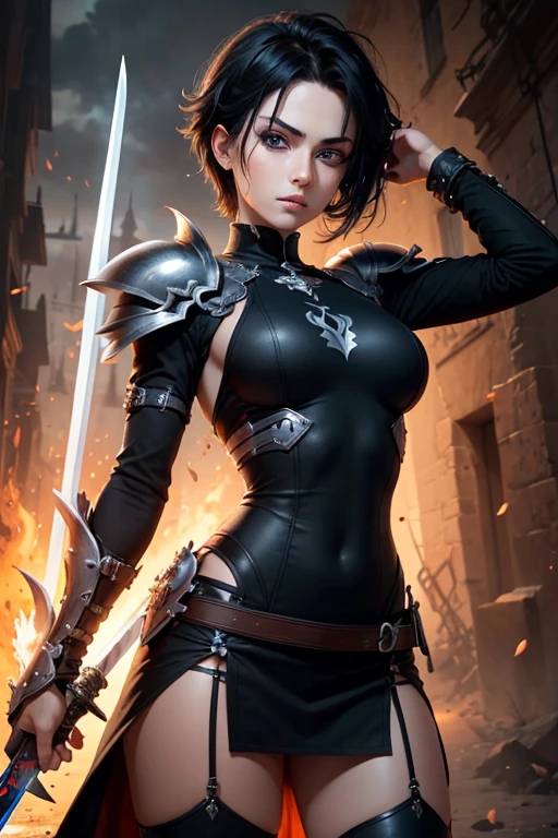 absurdrez, ultra details, high qualiy, Artwork, gorgeous eyes(detailedeyes) warrior with sword, short black hair, paladin&#39;this&#39;It&#39;s heavy armor, fully body, tense facial expression, gaping mouth, yelling, grappling, gazing at viewer, shade, eye pencils, super lashes, fully body, lush ass, standing on all fours