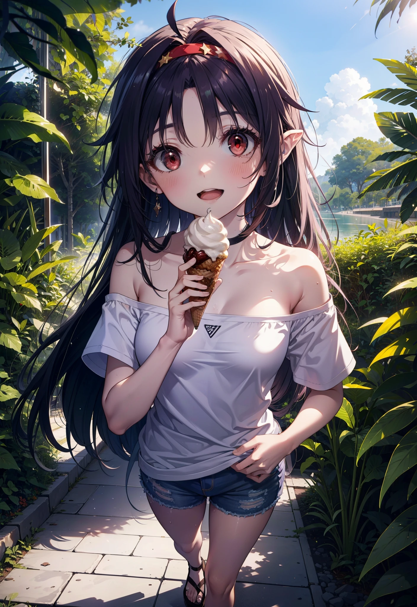 yuukikonno, Yuuki Konno, , Long Hair, Pointed Ears, Purple Hair, Ahoge,(Red eyes:1.5), (Small breasts:1.2), hair band,Oversized one-shoulder shirt,Short sleeve,Shorts,Heeled Sandals,Walking,Daytime,Clear skies,Holding and eating ice cream with both hands,happy smile,smile, Open your mouth,whole bodyがイラストに入るように,Palm tree,
break looking at viewer, whole body,
break outdoors, tropical,In town,
break (masterpiece:1.2), Highest quality, High resolution, unity 8k wallpaper, (figure:0.8), (Beautiful attention to detail:1.6), Highly detailed face, Perfect lighting, Highly detailed CG, (Perfect hands, Perfect Anatomy),