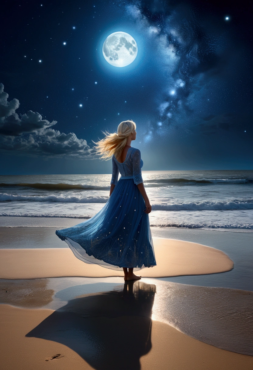 illustrations de Phil Koch, Meghan Howland lune bleue Digital ral-epochelves, Le ciel nocturne s'anime avec un œil qui semble vous hypnotiser, entouré d'un réseau d'étoiles, nébuleuses et poussière cosmique. Vue à vol d’oiseau, tu aperçois une belle, blonde séduisante, debout, regardant le ciel, vêtu d'une jupe translucide, orné de bleus irisés. Sous cet affichage cosmique, représente une plage tranquille avec la surface de l'océan étincelante, luxuriant et reflète symétriquement les nébuleuses étincelantes et les corps astraux lumineux.