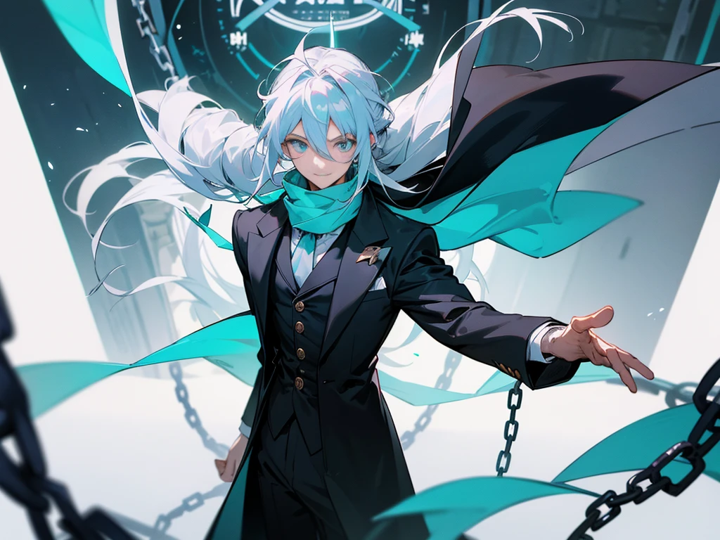 1 man with long white hair and hair tied back, wearing a black overcoat covering his white shirt with a cyan tie and black dress pants with pockets and chains while wearing a white scarf with a tall white background with a smile and a clock showing 12 hours and 28 Roman minutes in black and white and conjuring a magic in the form of a cyan colored time clock with his hair looking like Meliodas with a masculine but beautiful face
