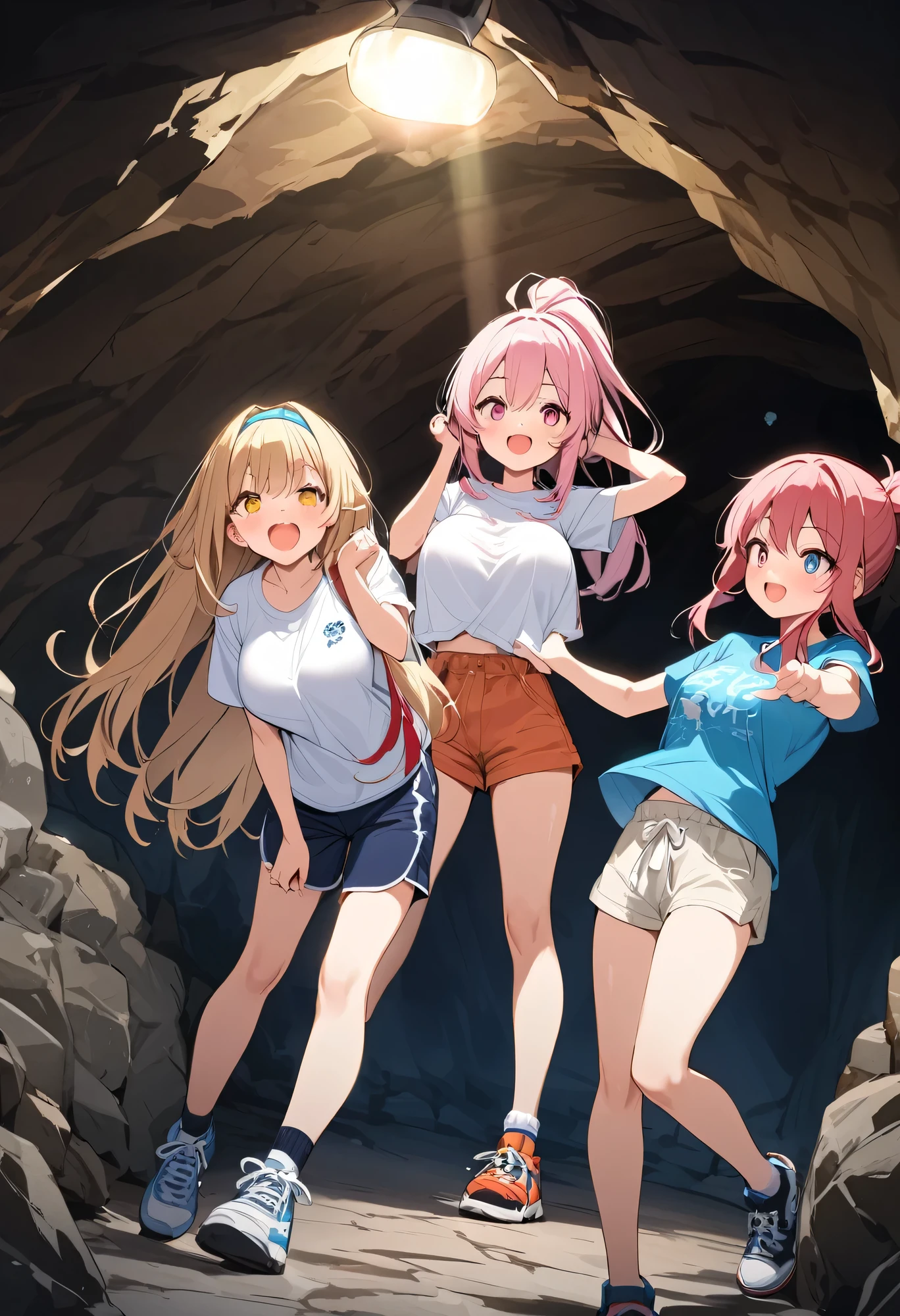 Highest quality、High resolution、Detailed Background、Beautiful face in every detail、Detailed facial expressions、Detailed eyes、age beauty、Huge breasts、Light color hair、Bobcut、ponytail、Perfect body line、Enjoy in nature、Hot days of summer vacation、Visiting a limestone cave、Mysterious atmosphere of the cave、(Two beautiful girls having fun in a limestone cave:1.5)、
Inside the cave, it is cool, and the stalactites illuminated by the light of a flashlight create a mysterious atmosphere.、
They run around happily and proceed deeper into the cave.、He looks up at the stalactites on the ceiling with a puzzled expression.、I cross the stream and enjoy the feel of the cave walls with my hands.、It gradually gets darker inside the cave.、Carrying a flashlight, I continue to explore deeper and deeper.、
We recommend a light jacket such as a T-shirt or polo shirt.、For bottoms, we recommend shorts or half pants.、Sneakers or trekking shoes are best、A headband that makes it easy to tie your hair up and a flashlight are useful.、Light outdoor fashion style、cute