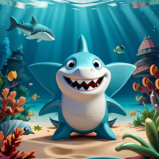 happy shark in the sea with little fish