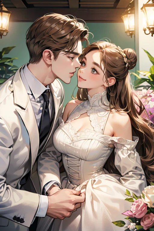 (table top, digital illustration, 4k, 8k, Super detailed, beautiful images, clear image, perfect face, perfect lines, perfect eyes, soft lighting) 1 female, (light brown hair,bun hair,innocent look,droopy eyebrows,droopy eyes、With a round face,round chin、innocence,cute,Big eyes,natural makeup,smile gently,E cup,23 years old:1.3),Two handsome men in suits, (human,man in suit,muscular,solid shoulder width, boyish hairstyle,A man in his 30s with a cool expression,28 year old man with a bright smile:1.2),garden full of light、lots of flowers、Squirting、colorful flower light,(embarrassing,shy smile:1.2),resort sofa,kiss、Couple kiss、romance porn、couple of man and woman looking at each other、In battle、Afternoon tea、lunch