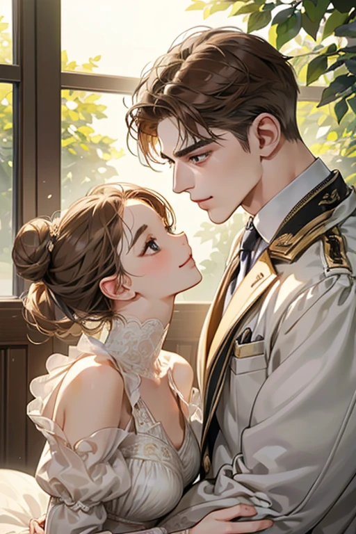 (table top, digital illustration, 4k, 8k, Super detailed, beautiful images, clear image, perfect face, perfect lines, perfect eyes, soft lighting) 1 female, (light brown hair,bun hair,innocent look,droopy eyebrows,droopy eyes、With a round face,round chin、innocence,cute,Big eyes,natural makeup,smile gently,E cup,23 years old:1.3),Two handsome men in suits, (human,man in suit,muscular,solid shoulder width, boyish hairstyle,A man in his 30s with a cool expression,28 year old man with a bright smile:1.2),garden full of light、lots of flowers、Squirting、colorful flower light,(embarrassing,shy smile:1.2),resort sofa,kiss、Couple kiss、romance porn、couple of man and woman looking at each other、In battle、Afternoon tea、lunch