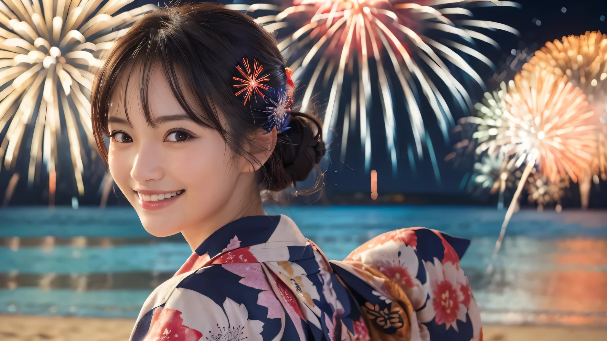 kawaii, (1woman), (happy smile:1.2), (yukata), (Best Quality:1.4), Realistic, extremely detailed CG unified 8k wallpaper, highly detailed, professional photography, Close up portrait of girl, Outdoors, Beautiful scenery, beach, (The night sky, fireworks, beautiful fireworks spreading across the sky:1.4), upper body photos, (Fine face:1.2), From the side