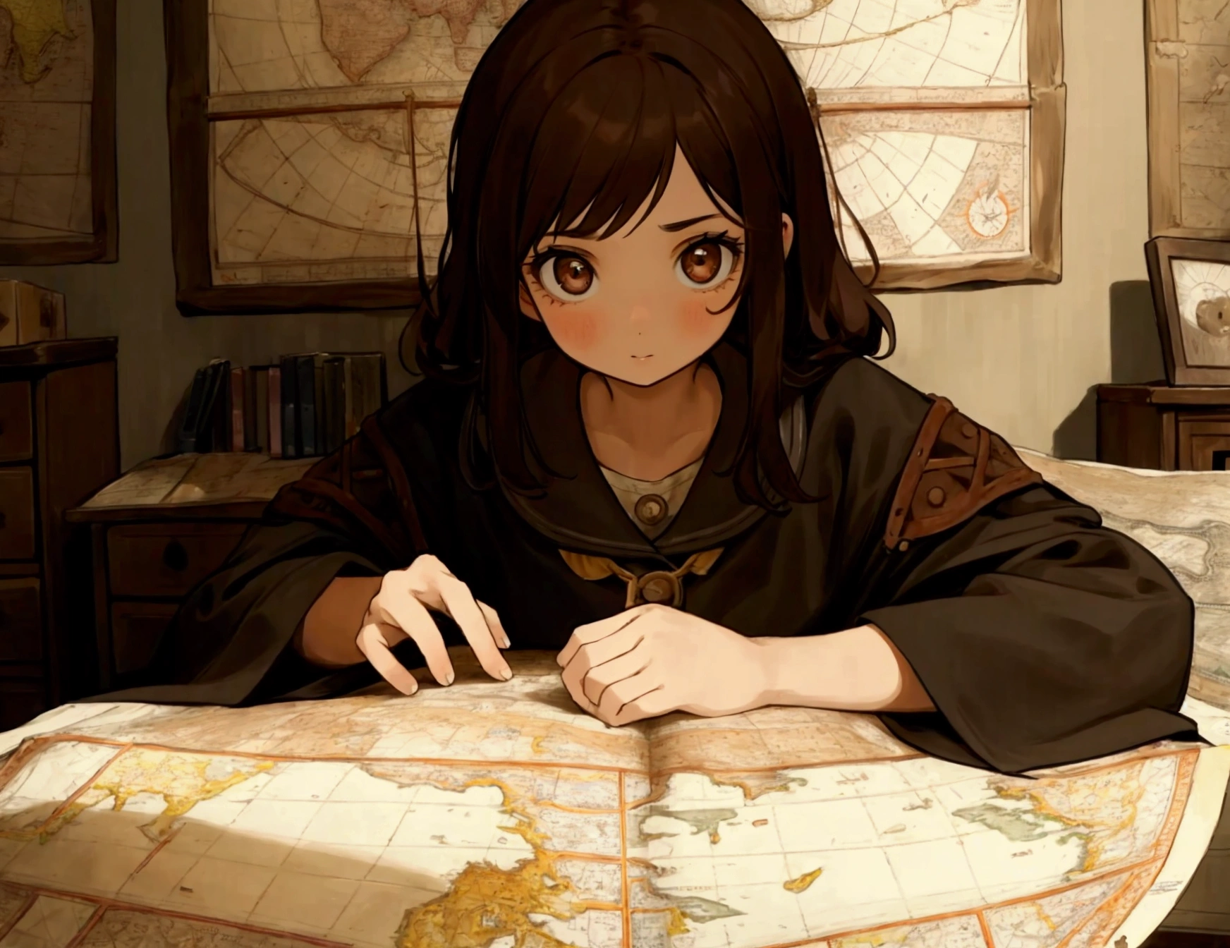 a girl with brown hair and bright eyes, looking at an old map in his room.