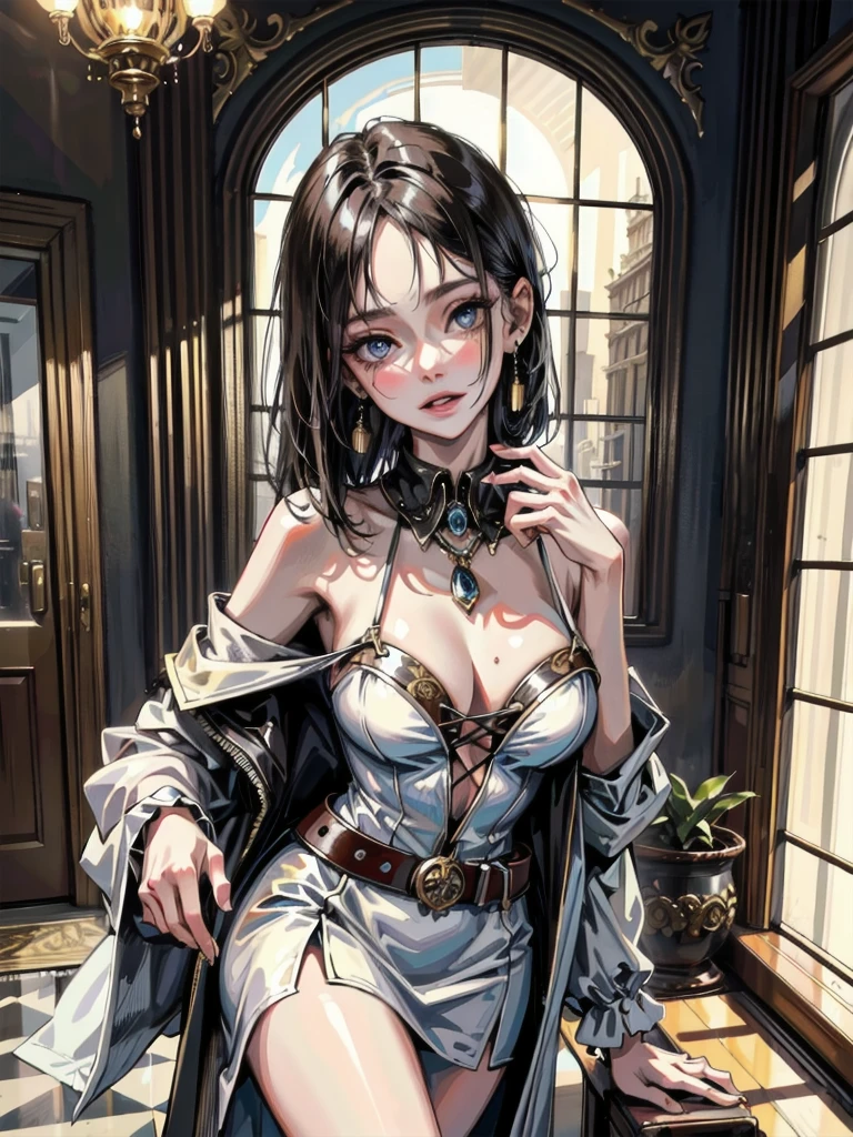 absurdres, RAW photo, extremely delicate and beautiful, masterpiece, Best Quality, ultra high resolution, 32k, hyperrealistic, ultra-detailed, detailed background, landscape, perfect anatomy, anatomically correct, perfect figure, Perfect Style, Perfect balance, super Detailed skin, in her 30s, very Slim body, narrow waist, very small head, very small face, delicate facial features, handsome detailed woman, very detailed eyes and face, realistic face proportions, Realistic beautiful face, Realistic beautiful eyes, tearful mole, earring, very huge round tits, full body shot, medium hair, asymmetrical hair, indoor, steampunk fashion, blouse, short skirt, off shoulder, 