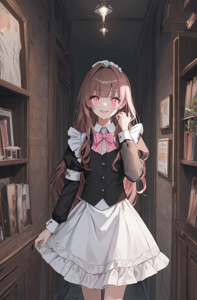 [(office background:1.4)::5],original,(illustration:1.1),(best quality),(masterpiece:1.1),(extremely detailed CG unity 8k wallpaper:1.1), (colorful:0.9),(mid shot:0.95),(highly detailed beautiful face and eyes),(solo:1.2), (girl),(((adult))), (detailed beautiful eyes:1.15), (beautiful face:1.15), (glowing pink eyes:1.25////),(brown long hair),(blunt bangs),(+perfect hand+:1.21),(Draw an illustration of maid girl),(Religious),(slender),(wearing suits),white skin,(white and black maid clothes),laugh,smile,((((adult)))),standing,