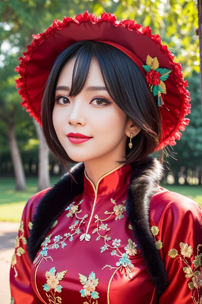 (masterpiece:1.4), (best quality:1.4), ultra high res, ultra high resolution, ((detailed facial features)), HDR, (realistic, photorealistic, photo-realistic:1.37), full body, sexy Vietnamese model, (-anime), only 1 model, vivid colors, very short hair, (beautiful smile), lip-gloss, long lashes, defined eyebrows, wearing large sparkling colorful jewelery, wearing a red silk Paradise Kiss cosplay dress with black floral embroidery, ((long fur vivid colors outfit)), vivid colors, look at the camera, cinematic light, large park background with trees, sweet and sexy pose