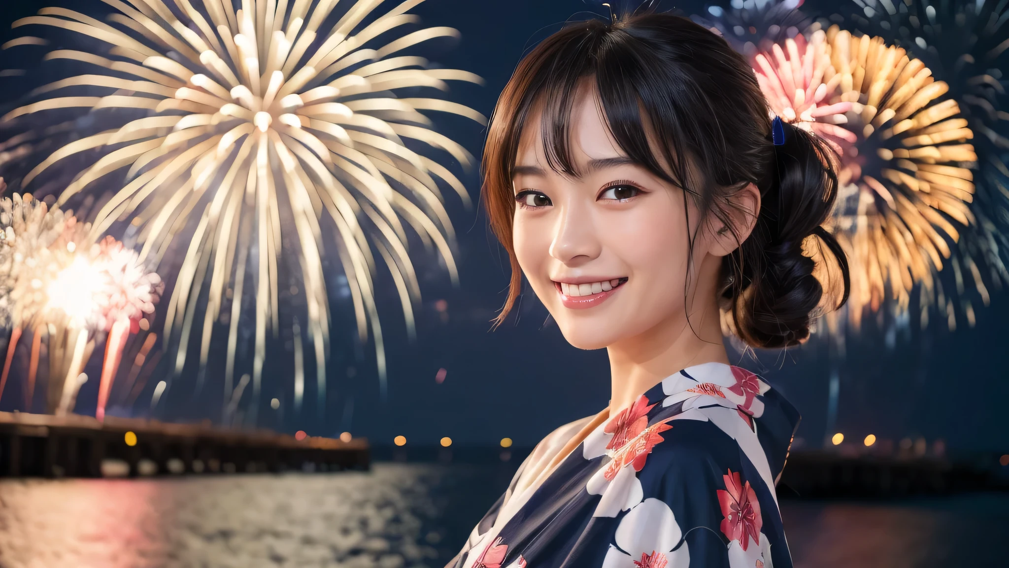 kawaii, (1woman), (happy smile:1.2), (yukata), (Best Quality:1.4), Realistic, extremely detailed CG unified 8k wallpaper, highly detailed, professional photography, Close up portrait of girl, Outdoors, Beautiful scenery, beach, (The night sky, fireworks, beautiful fireworks spreading across the sky:1.4), upper body photos, (Fine face:1.2), From the side
