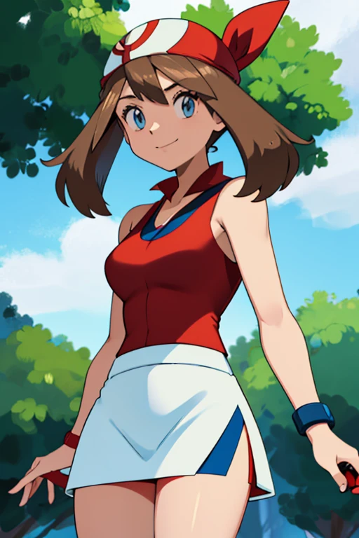 may_from_pokemon, (red high neck halter top | bare shoulders | neckholder), (short_white_skirt | short blue pants under skirt), brown hair, red bandana, blue eyes, motivated pose, pokeball_in_hand, skinny, friendly smile, female, high resolution, 8k, cowboy shot