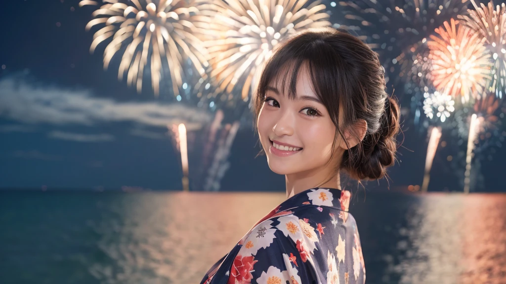 kawaii, (1woman), (happy smile:1.2), (yukata), (Best Quality:1.4), Realistic, extremely detailed CG unified 8k wallpaper, highly detailed, professional photography, Close up portrait of girl, Outdoors, Beautiful scenery, beach, (The night sky, fireworks, beautiful fireworks spreading across the sky:1.4), upper body photos, (Fine face:1.2), From the side