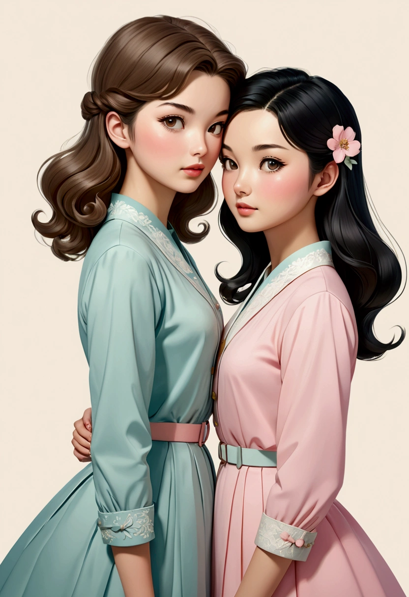 TWO beautiful Sarah Kay-style women, deeply in love with their foreheads supported. One with semi-short light brown hair, delicate British features, and the other is Asian, with long loose black hair, both dressed in pastel tones, 50s style. illustration, 3d render, photography, realistic, anime, photography. , poster, fashion, portrait photography