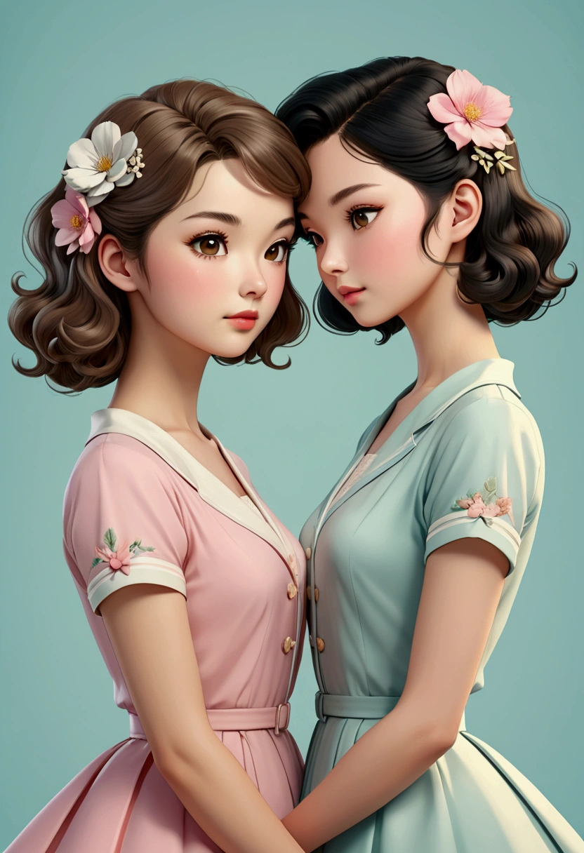 TWO beautiful Sarah Kay-style women, deeply in love with their foreheads supported. One with semi-short light brown hair, delicate British features, and the other is Asian, with long loose black hair, both dressed in pastel tones, 50s style. illustration, 3d render, photography, realistic, anime, photography. , poster, fashion, portrait photography