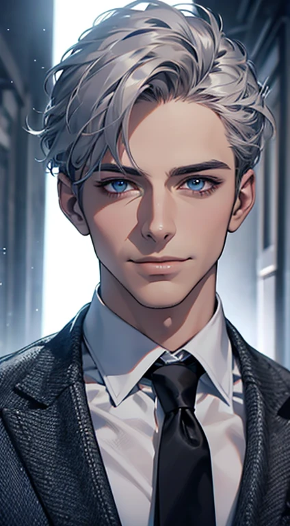 (best quality,4k,8k,highres,masterpiece:1.2),ultra-detailed,(realistic,photorealistic,photo-realistic:1.37),1 man,31 years old,mature man,very handsome,without expression,smile,short grey silver hair,blue eyes,penetrating gaze,perfect face without errors,imposing posture,businessman,office background,cinematic lighting,hdr image