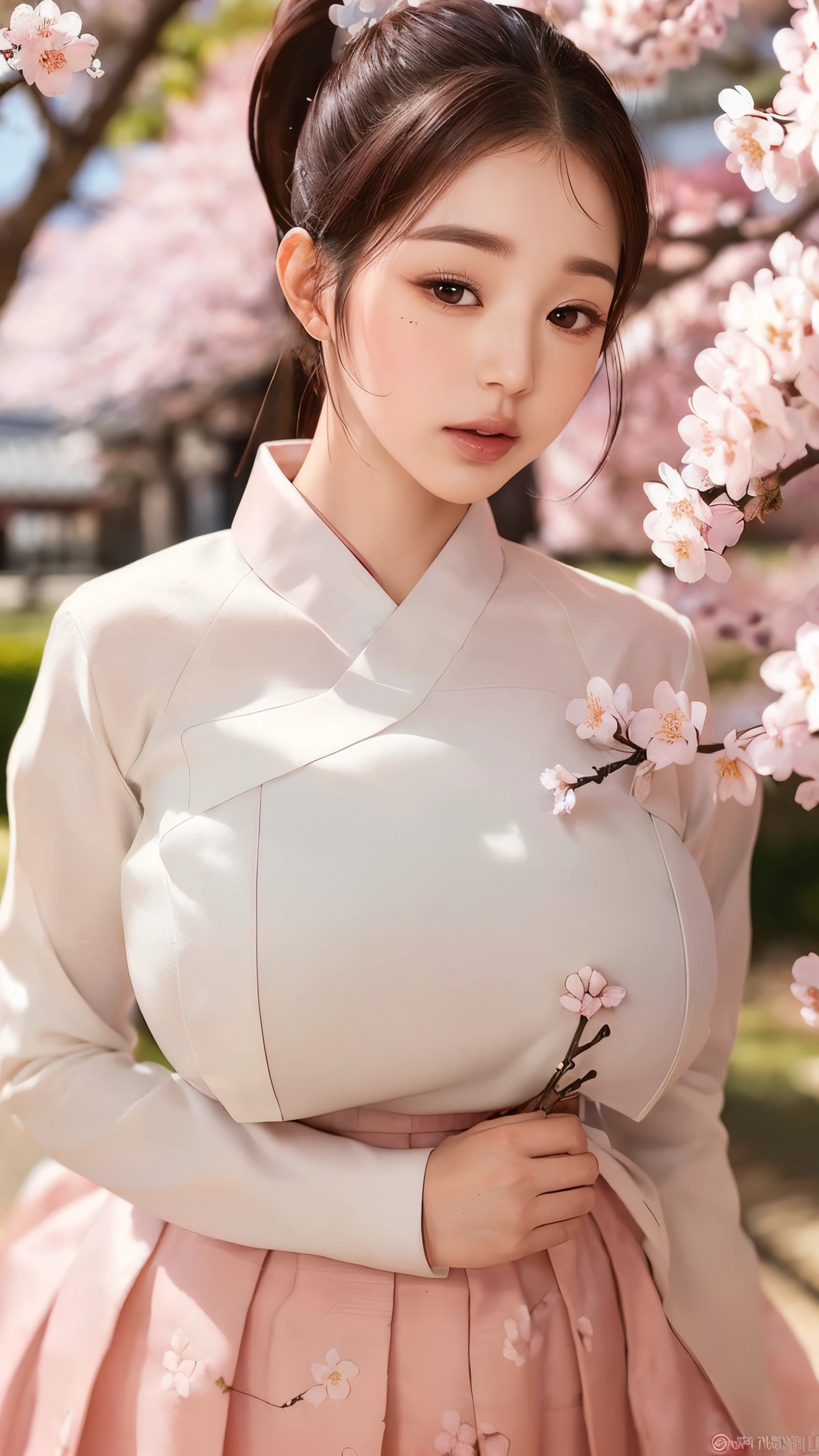 (best quality, 8K, masterpiece: 1.3), ((((((Incredibly huge breasts: 0.8))))), single ponytail, (beautiful face:1.3), Cherry blossoms are in full bloom, full of cherry blossoms, floating cherry blossom petals, very cool, Authentic Korean Hanbok