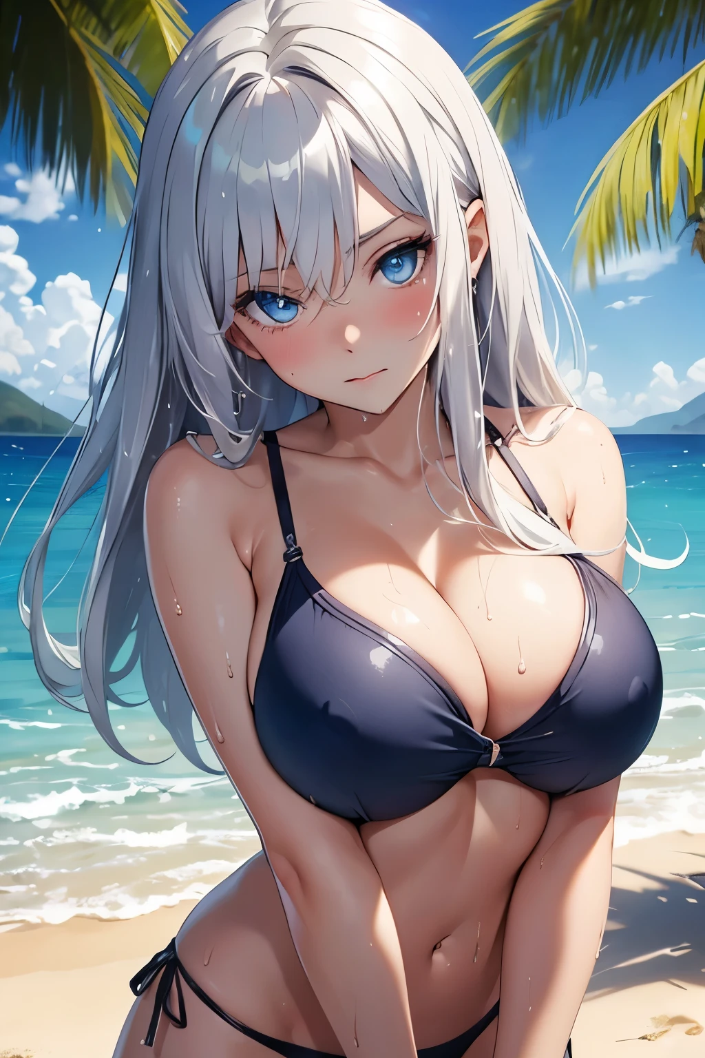 Masterpiece, Best Quality, Beautiful Girl, Beautiful Face, Silver Hair, Blue Eyes, Shy Face, Beach, Swimsuit, Sweat, Wet Skin, Big Breasts, Cleavage,