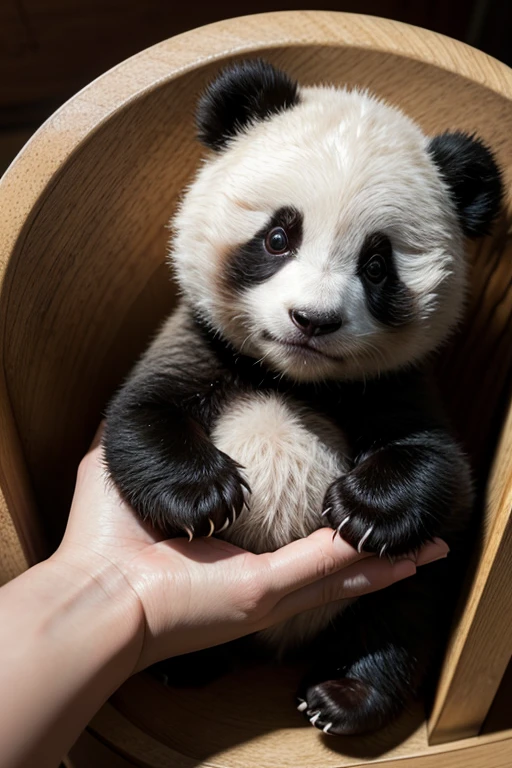 baby panda bear, sitting in a chair, asleep, with one hand down and with the head down and paws up
