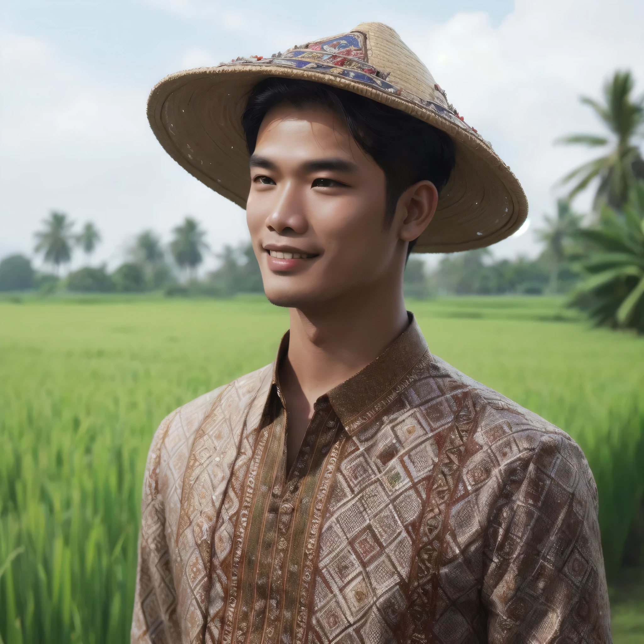 arafed man in a hat standing in a field of rice, inspired by Rudy Siswanto, barong family member, south east asian with round face, ramil sunga, traditional art, fanart, inspired by Basuki Abdullah, traditional clothes, wearing traditional garb, traditional, by Rudy Siswanto, official fanart, inspired by Ismail Acar