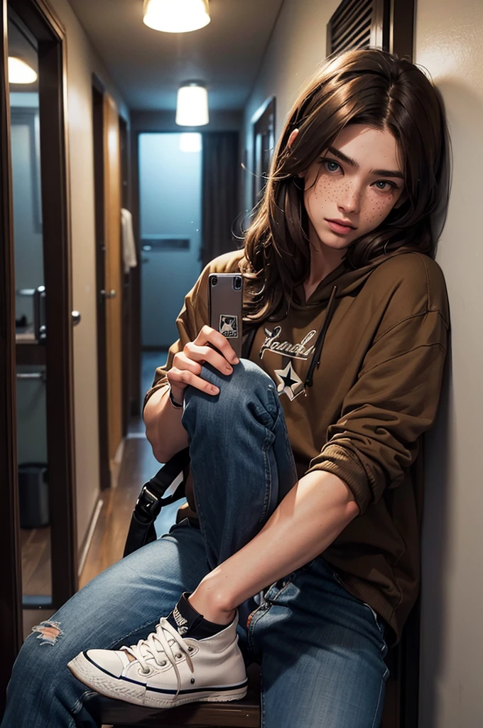 Young man, medium-length brown hair, shoulder-length hair, hazel eyes, freckles, slightly muscular, dark hoodie, blue ripped jeans, converse shoes, sad, alone in corridor apartment, nightlight, cell phone, detailed face, looks at lens, looks at us.