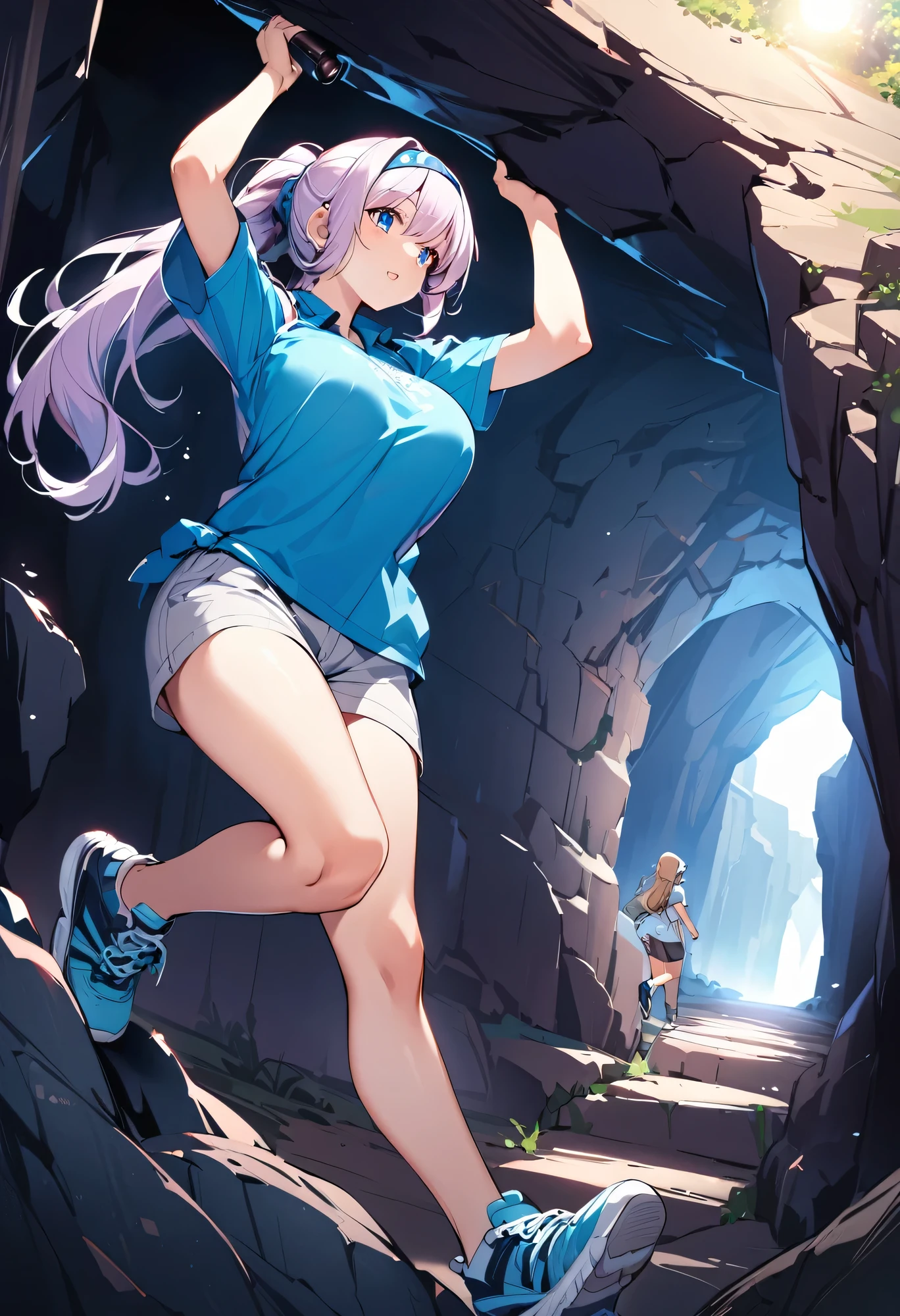 Highest quality、High resolution、Detailed Background、Beautiful face in every detail、Detailed facial expressions、Detailed eyes、Teenage beauty、Huge breasts、Light color hair、Bobcut、ponytail、Perfect body line、Enjoy in nature、Hot days of summer vacation、Visiting a limestone cave、Mysterious atmosphere of the cave、
Inside the cave, it is cool, and the stalactites illuminated by the light of a flashlight create a mysterious atmosphere.、
They run around happily and proceed deeper into the cave.、He looks up at the stalactites on the ceiling with a puzzled expression.、I cross the stream and enjoy the feel of the cave walls with my hands.、It gradually gets darker inside the cave.、Carrying a flashlight, I continue to explore deeper and deeper.、
We recommend a light jacket such as a T-shirt or polo shirt.、For bottoms, we recommend shorts or half pants.、Sneakers or trekking shoes are best、A headband that makes it easy to tie your hair up and a flashlight are useful.、Light outdoor fashion style、cute
