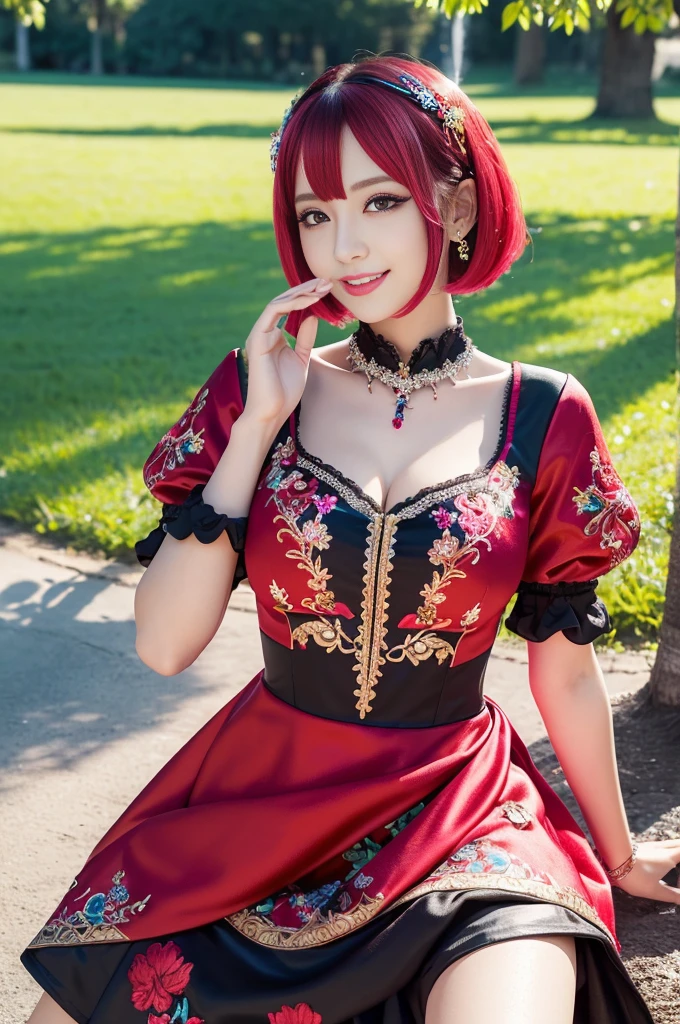 (masterpiece:1.4), (best quality:1.4), ultra high res, ultra high resolution, ((detailed facial features)), HDR, (realistic, photorealistic, photo-realistic:1.37), full body Esbian, sexy Swedish model, (-anime), only 1 model, vivid colors, ((vivid colors multicolor very short hair)), (big smile), lip-gloss, long lashes, defined eyebrows, wearing large sparkling colorful jewelery, wearing a red silk Paradise Kiss cosplay dress with black floral embroidery, ((vivid colors outfit)), vivid colors, look at the camera, cinematic light, large park background with trees, sweet and sexy pose
