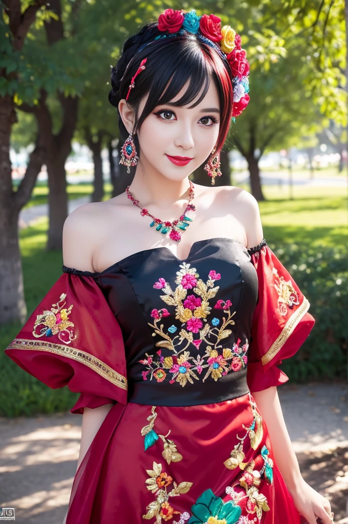 (masterpiece:1.4), (best quality:1.4), ultra high res, ultra high resolution, ((detailed facial features)), HDR, (realistic, photorealistic, photo-realistic:1.37), full body Esbian, sexy swedish model, (-anime), only 1 model, vivid colors, ((vivid colors colorful very short hair)), (happy smile), lip-gloss, long lashes, gothic makeup, defined eyebrows, wearing large sparkling colorful jewelery, wearing a red silk Paradise Kiss cosplay dress with black floral embroidery, ((vivid colors outfit)), vivid colors, look at the camera, cinematic light, large park background with trees, sweet and sexy pose