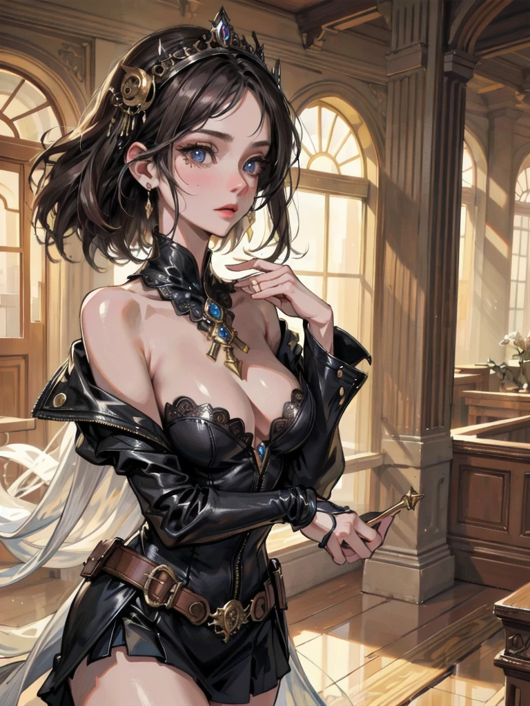 absurdres, RAW photo, extremely delicate and beautiful, masterpiece, Best Quality, ultra high resolution, 32k, hyperrealistic, ultra-detailed, detailed background, landscape, perfect anatomy, anatomically correct, perfect figure, Perfect Style, Perfect balance, super Detailed skin, in her 30s, very Slim body, narrow waist, very small head, very small face, delicate facial features, handsome detailed woman, very detailed eyes and face, realistic face proportions, Realistic beautiful face, Realistic beautiful eyes, tearful mole, earring, very huge round tits, full body shot, medium hair, asymmetrical hair, indoor, steampunk fashion, blouse, short skirt, off shoulder,
