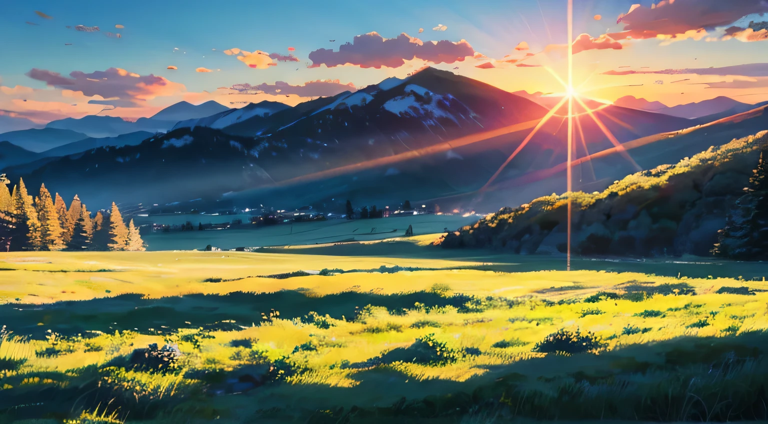Lofi Style, open field, mountainscape, Sun rising
