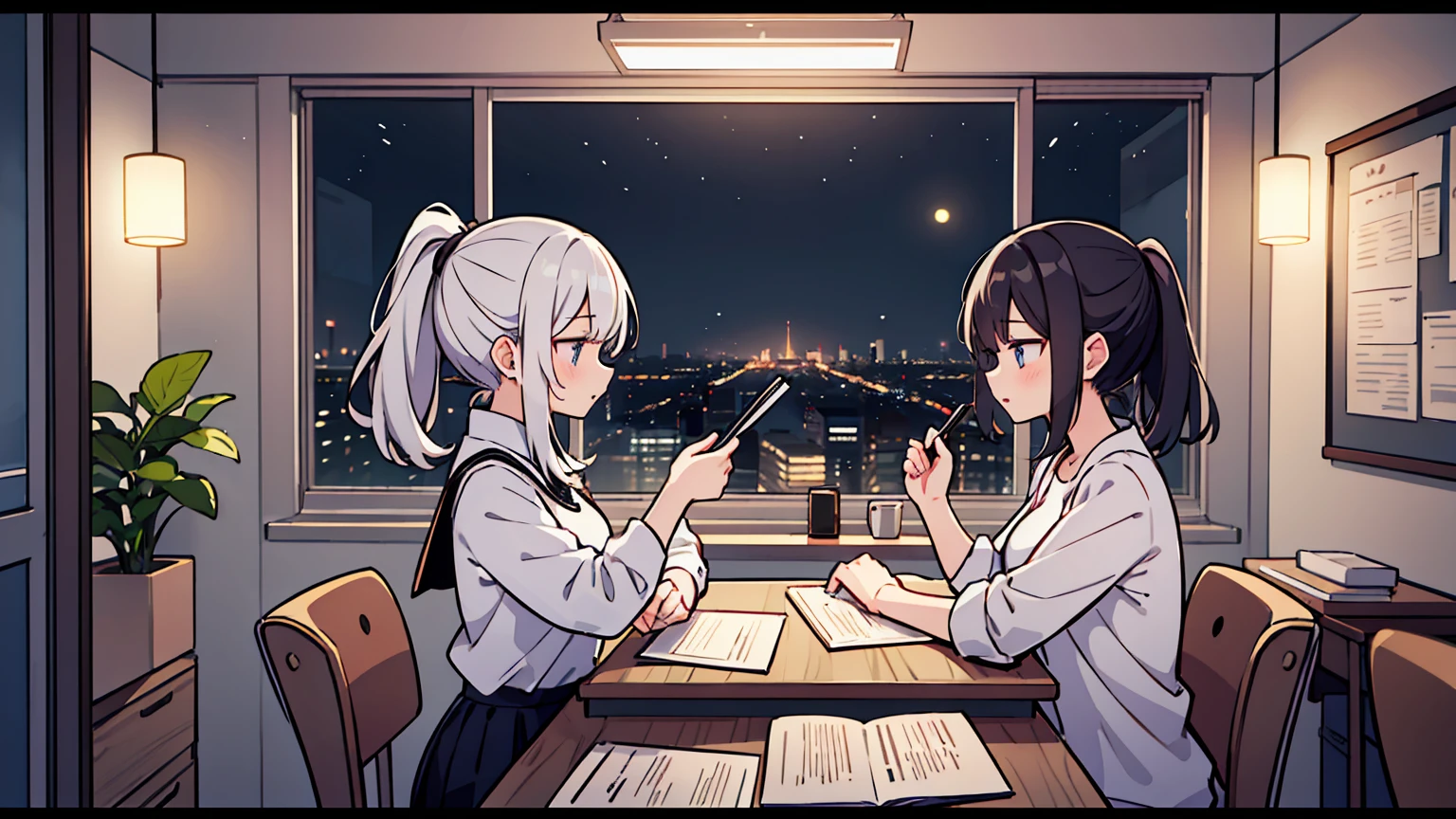(masterpiece, best quality),2 women, different hair colors, different faces, ponytail, shot,letterboxed, perfection of fashion,chapped lips, casual attire, upper body, from the side,night,Floor-to-ceiling windows with a view of the busy city at night,Teaching students to study at a white office desk, eyes look at the note, together, stylish outfit,
