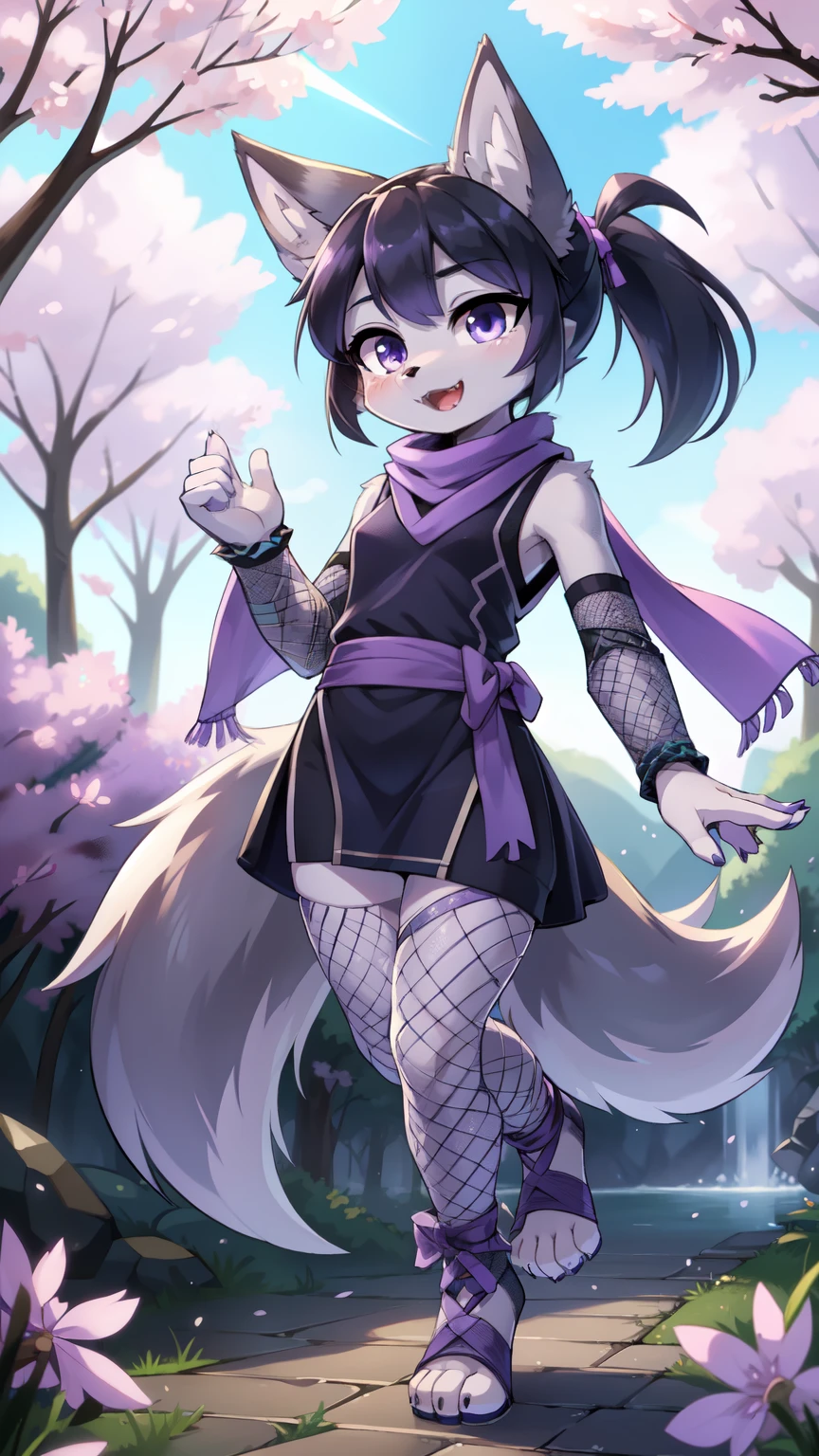 score_9,score_8_up,score_7_up, source_cartoon, source_furry, furry girl, young, wolf, black hair, hair bang covering one eye, long large ponytail, anime style, small breasts, lilac eyes, (wolf tail), (wolf ears), ((dark lilac scarf, dark blue sleeveless kimono, lilac ribbon on ponytail, fish net thights, toeless footwear)), high quality, detailed body, detailed eyes, detailed face, masterpiece, glistening body, detailed body fur, best quality, skinny, spectacular effects, detailed hands, perfect lighting, perfect shadows, perfect eyes, perfect hair, perfect face, gorgeous body, clear gray body fur, detailed hands, glistering body, shiny body, skinny, spectacular effect, fangs, solo, :3, Sakura tree forest, clear sky, full body, feets with three toes, 3 toes, short body, 