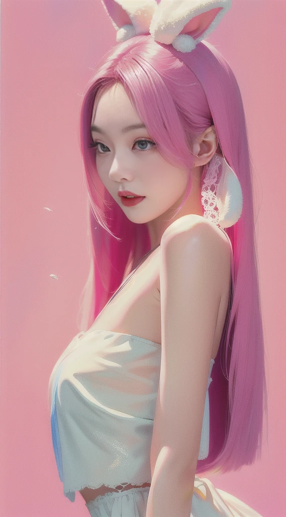 Polaroid film, masterpiece, best quality, jennie, bunny girl, pink bandeau dress, white silk lace, pink background,