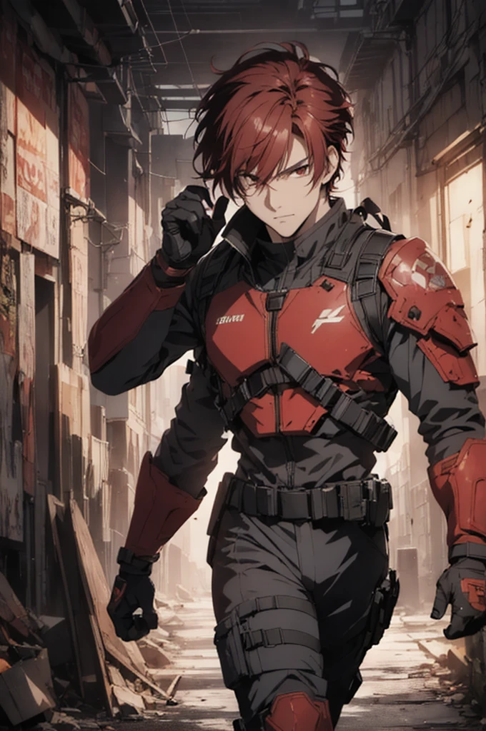 1man, handsome, red hair, wearing combat suit, ultra high resolution, best quality, masterpiece, rtx,ray tracing, 4k, top quality, highly detailed, official art, stunning visuals 