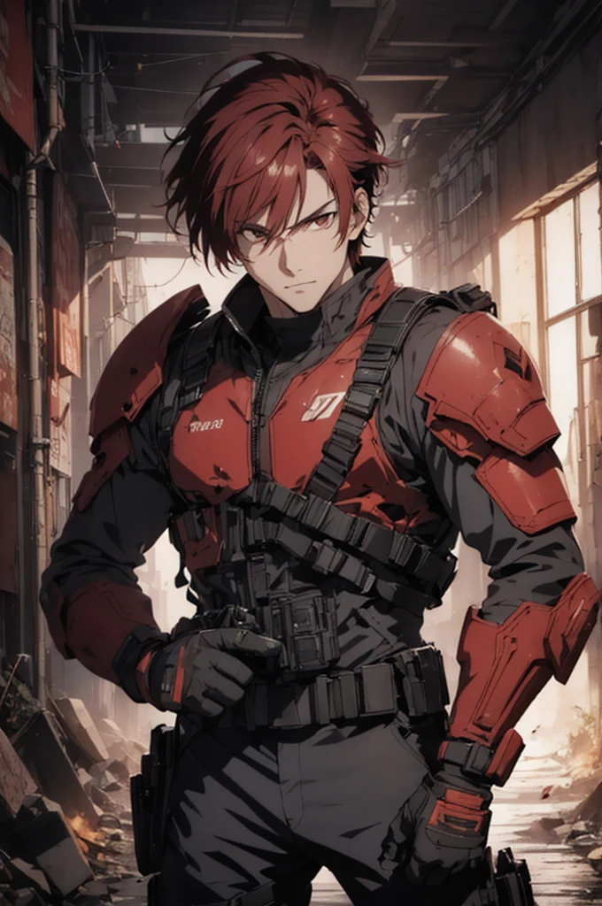 1man, handsome, red hair, wearing combat suit, ultra high resolution, best quality, masterpiece, rtx,ray tracing, 4k, top quality, highly detailed, official art, stunning visuals 