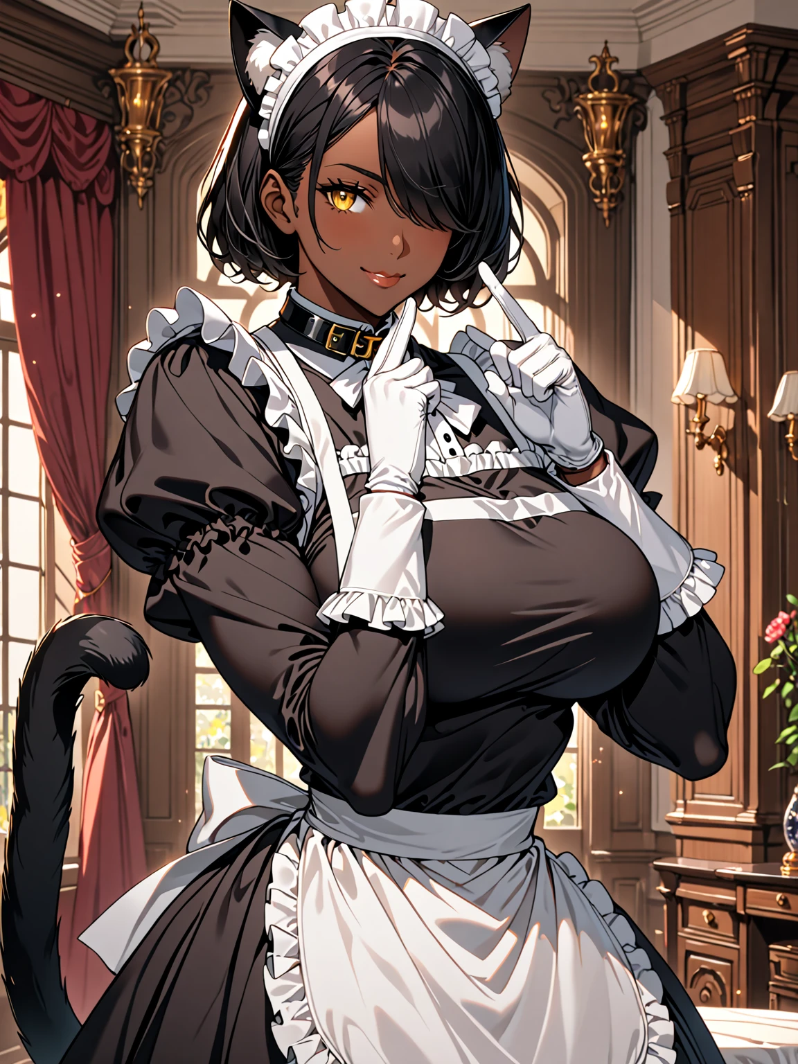 huge solo female, mansion, muscular, short black hair over one eye, yellow eye, slit pupil, cat ears, cat tail, maid, muscular, broad shoulders, very large breasts, gentle smile, servile, cat bell collar, puffy collar, long sleeves, dark skin, close up, modest conservative clothes, v arms, fluffy apron, covered breasts, white gloves, heart fingers gesture