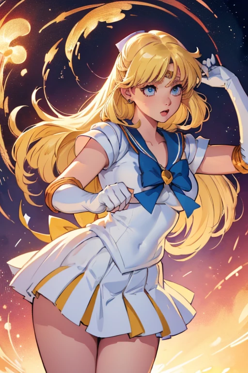 close, 1 girl, Sailor, tsukino usagi, (Sailor chiseki uniform:1.2), (Aqua Eye:0.9), Blonde, Medium Hair, Wedge skirt, Highest quality, Earrings, masterpiece, High resolution, Intricate details, (Realistic)), photograph, (white elbow gloves:1.1), jewelry, Medium chest, whole body, Dynamic Background, Dynamic pose, white