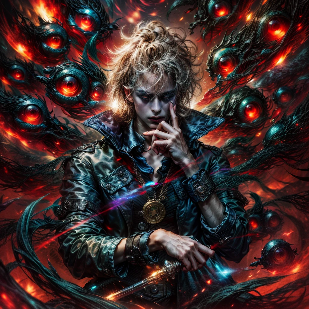 Man with black hair and red eyes, surrounded by red eyes. Dark coat with red details, holding sword in right hand, left hand making contemplative gesture. (male: 2), Character away, work of art, best qualityer, (Extremely detailed CG 8k unity wallpaper), (best qualityer), (best illustration), (best shade), absurderes, realistic lighting, (bright), beautiful detailed glowing, arte de PeterMohrBacher, detailed character, 85mm camera. Extremely detaild, 8k, HDR, naturallight, cinematic lighting, masterpiece-anatomy-perfect, ultra HD, RAW photo, metallic, professional, ultra-fine painting, perfect body proportions, anatomically correct, uhd, real texture material, Anti-Aliasing, FKAA, TXAA, SSAO, Post Processing, Post Production, Tone Mapping, CGI, VFX, SFX, hyper maximalist, Volumetric, ultra photorealultra-detailed intricate details.