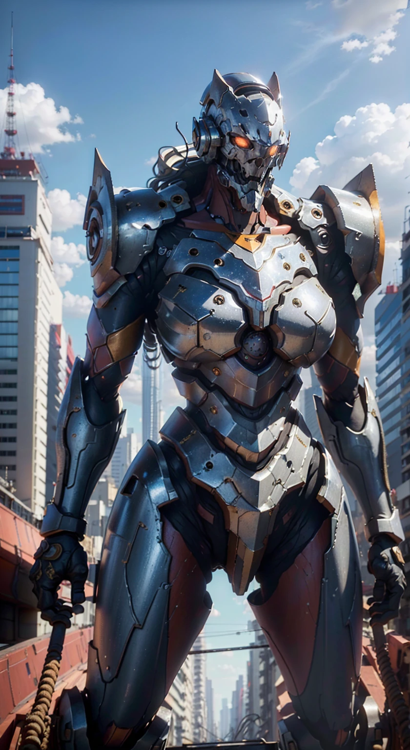 (best quality, 4k, highres, ultra-detailed, realistic:1.37), HDR, bright lighting, vibrant colors, massive machinery, enormous humanoid robot, breathtaking view from the top of a building, intricate cable network attached to the back, bustling city of Tokyo, meticulous attention to detail, lifelike rendering of the organic body, slender figure, metallic armor shining on top.