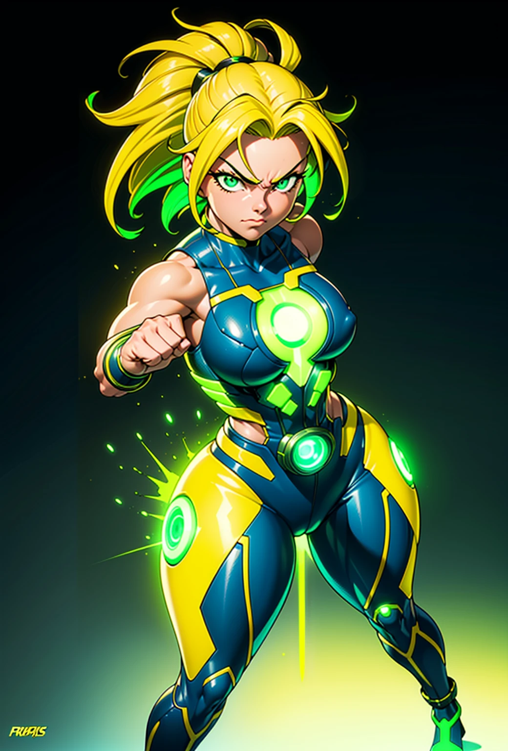 Digital painting of a woman with green and yellow hair, Superhero, Muscle Girl, Pause, Raise your fist, From above, 1 Raise your knees, Behance Contest Winner, Afrofuturism, Synthwave, neon, glowing neon, Huge saggy breasts,