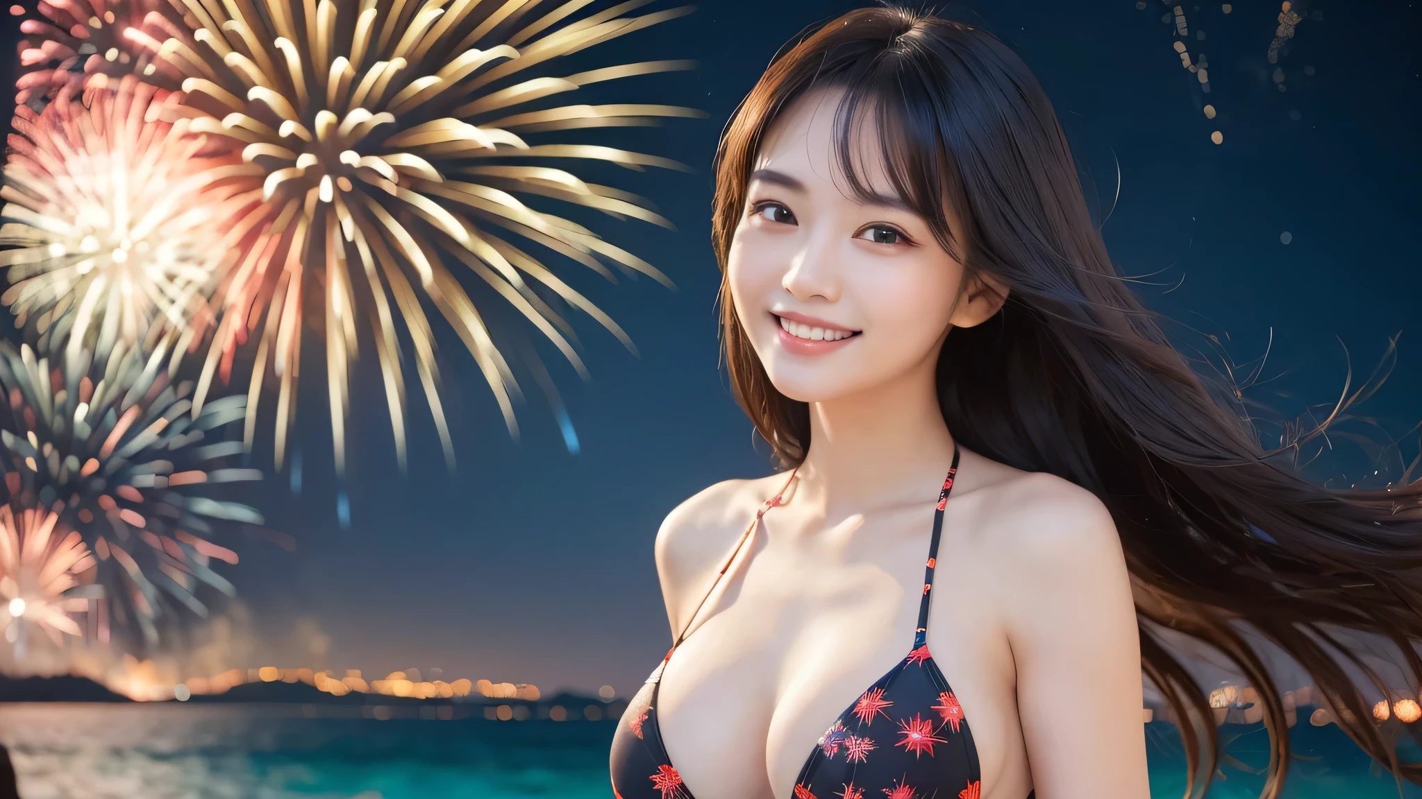 kawaii, (1beautiful woman), (happy smile:1.2), (bikini), cleavage, (Best Quality:1.4), Realistic, extremely detailed CG unified 8k wallpaper, highly detailed, High-definition raw color photos, professional photography, Realistic portrait, Beautiful detailed, Close up portrait of girl, Outdoors, Beautiful scenery, beach, (climax fireworks, The night sky, fireworks, beautiful fireworks spreading across the sky:1.4), so beautiful, upper body photos, amazingly beautiful sight, A wonderful, (Fine face:1.2), From the side